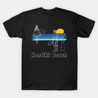 Kontiki Beach , Surfing Beach Surf Guy Girl with Dog T-Shirt